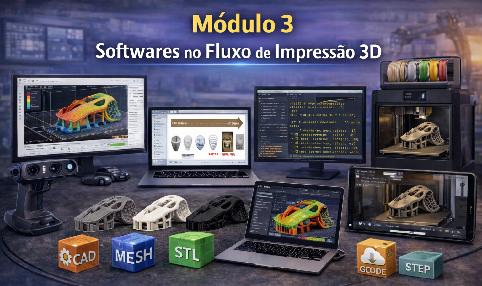 CAPA do MODULO 3 Modulo 3 - Online - Softwares no Fluxo de Impressão 3D, o que realmente preciso? - Imagem 1