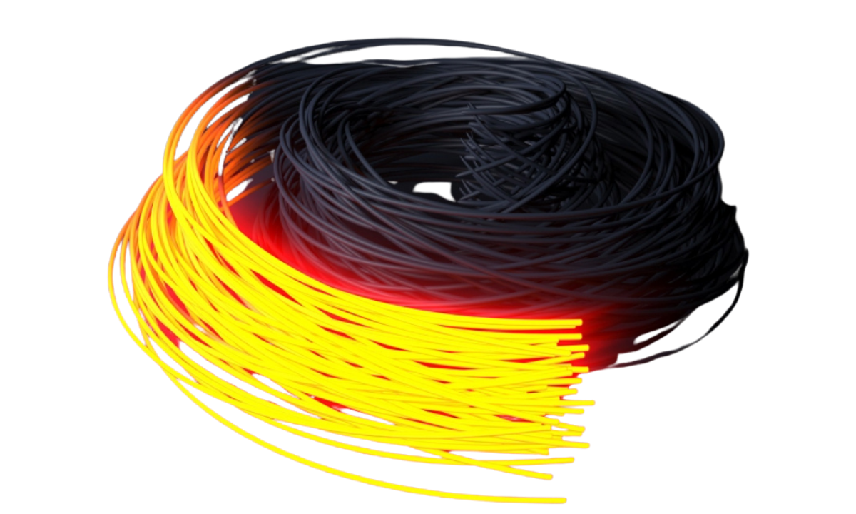 Filamento amarelo para impressora 3D enrolado em espiral, material utilizado na impressão tridimensional.