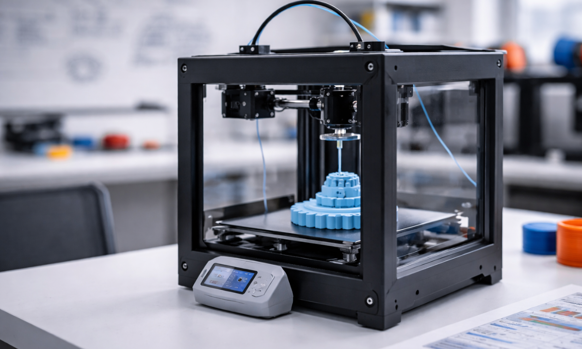 Impressora 3D produzindo peça em ambiente educacional voltado à formação docente e desenvolvimento curricular.