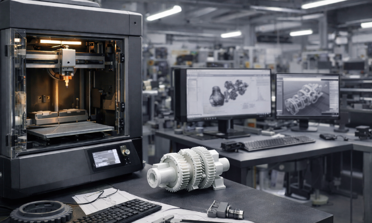 Impressora 3D industrial produzindo peça mecânica em laboratório de engenharia e prototipagem.