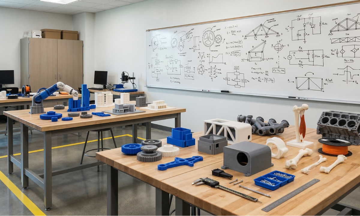 Laboratório educacional com peças impressas em 3D, ferramentas e quadro técnico, representando metodologia prática de ensino.