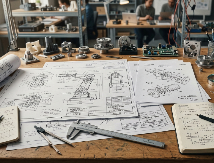 Mesa de engenharia com desenhos técnicos e componentes mecânicos utilizados no desenvolvimento de peças para impressão 3D.