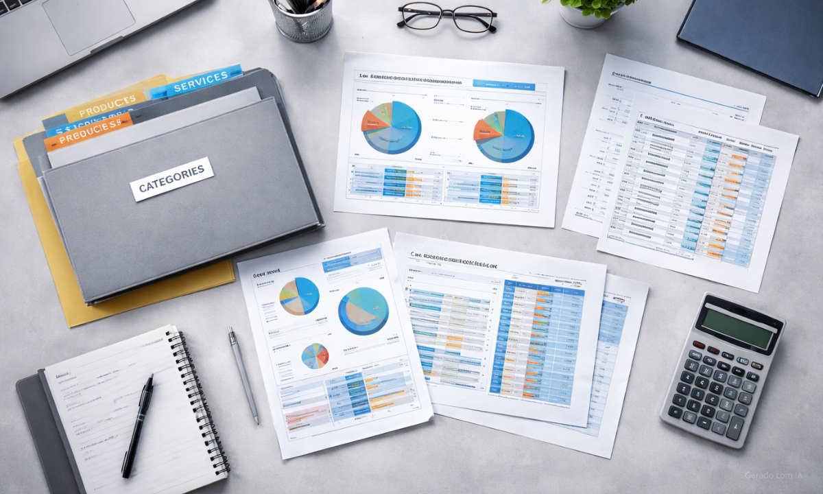 Documentos e relatórios sendo analisados para adequação fiscal e classificação de atividades em impressão 3D.