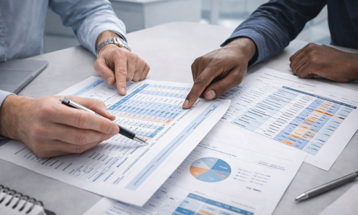 Profissionais analisando relatórios para definição de escopo e condução de serviço em consultoria fiscal para impressão 3D.