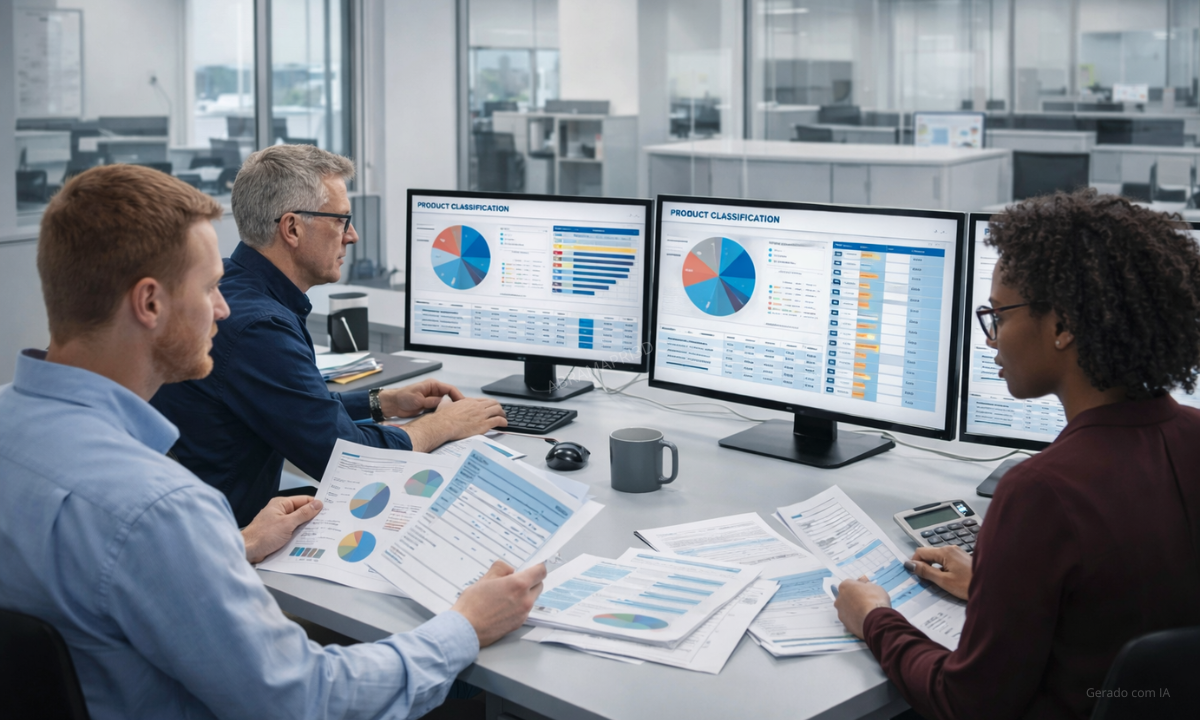 Equipe analisando dados e relatórios para classificação fiscal de produtos e serviços em impressão 3D.