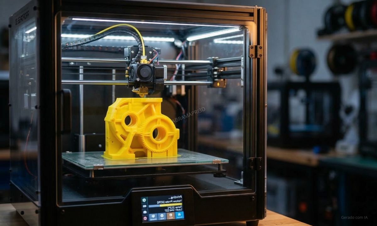 Impressora 3D produzindo peça técnica em ambiente de laboratório, representando escolha de equipamentos.