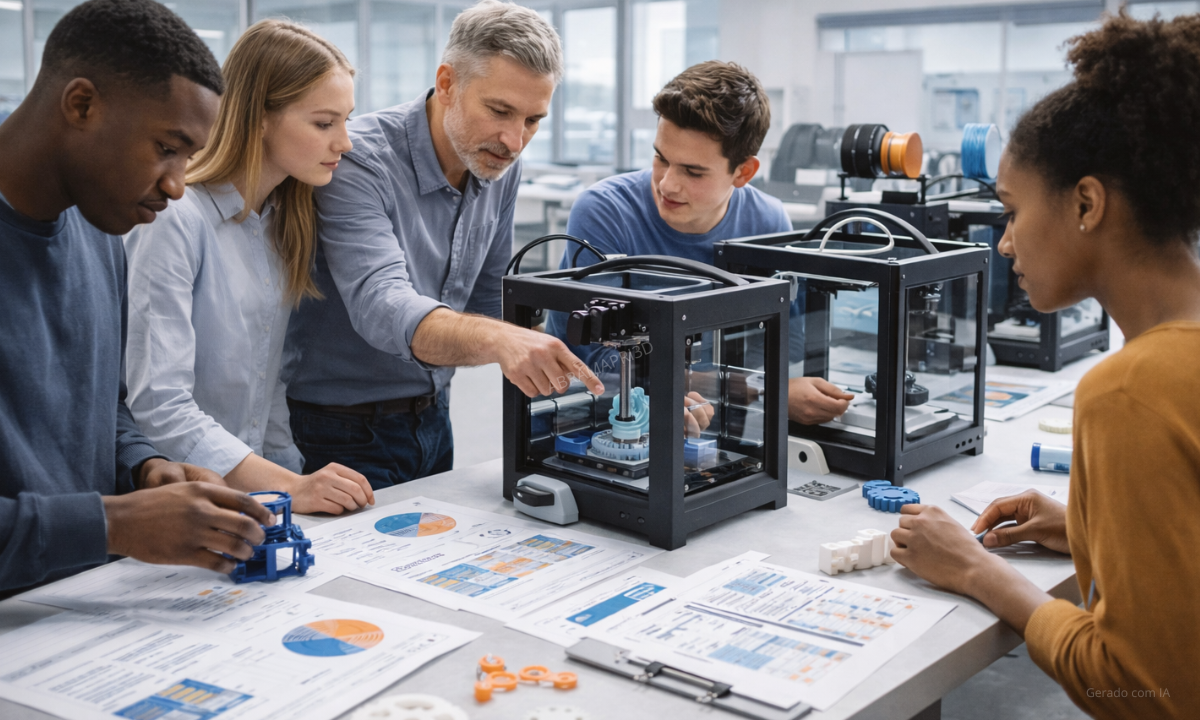 Grupo em treinamento utilizando impressoras 3D para desenvolvimento de habilidades técnicas e capacitação profissional.