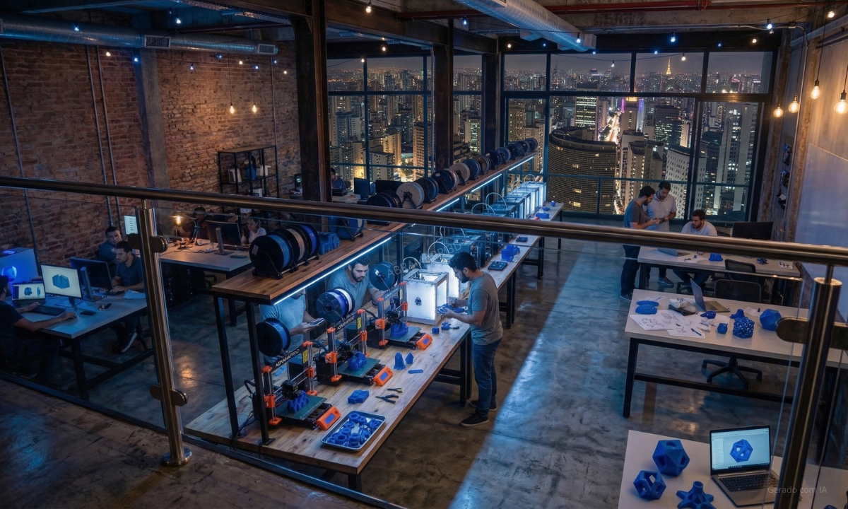 Laboratório com impressoras 3D em operação e equipe desenvolvendo protótipos em ambiente colaborativo.