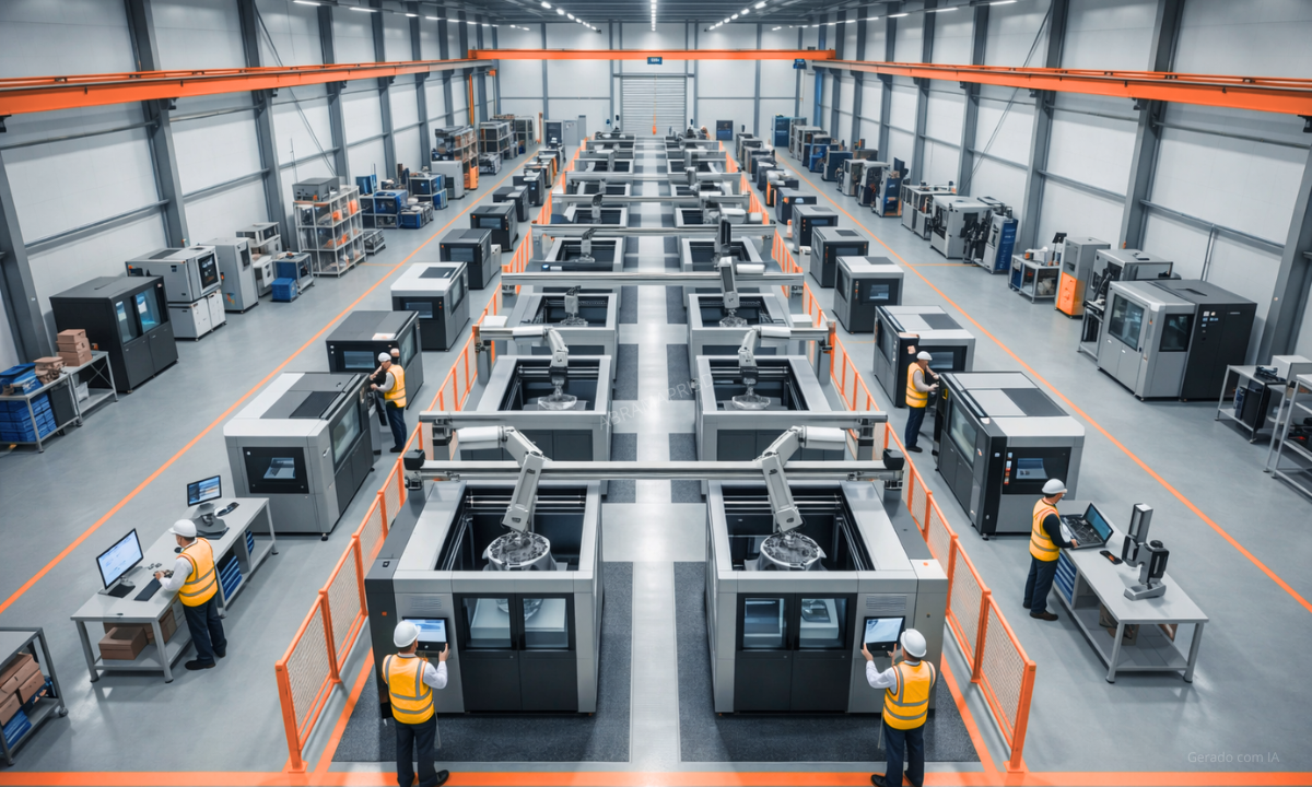 Ambiente industrial com múltiplas impressoras 3D organizadas em linha para produção em escala e printing farm.