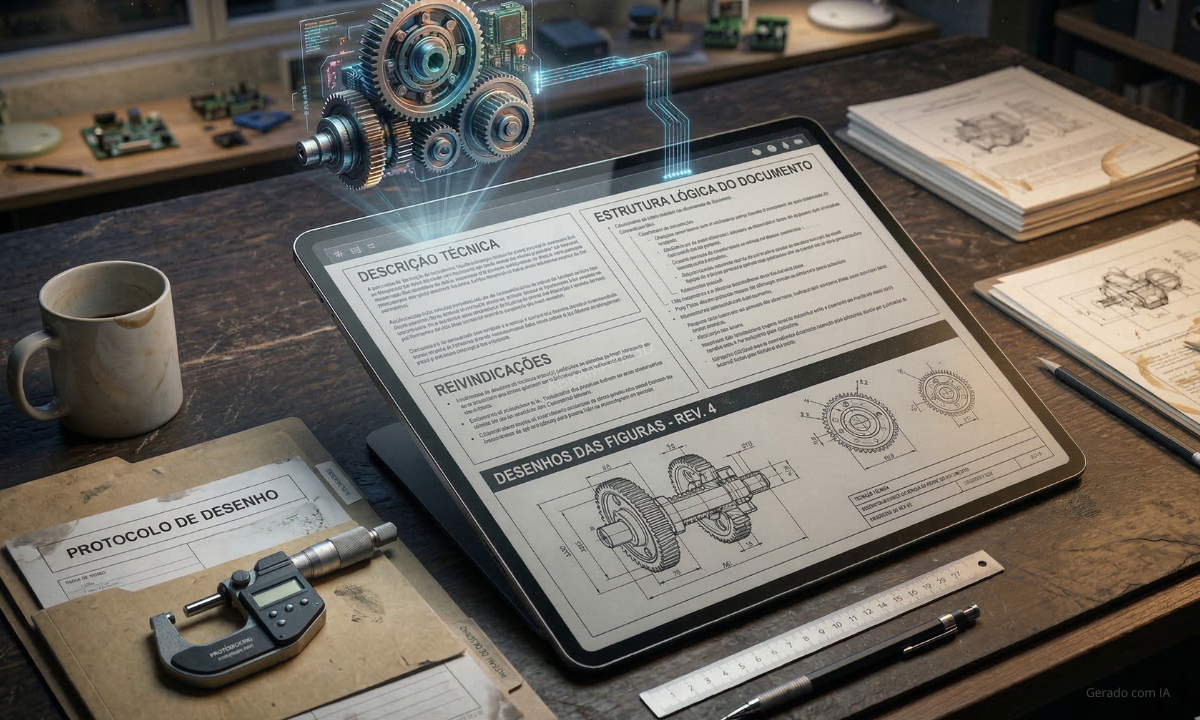 Documento técnico de invenção com desenhos mecânicos e estrutura organizada em mesa de trabalho.