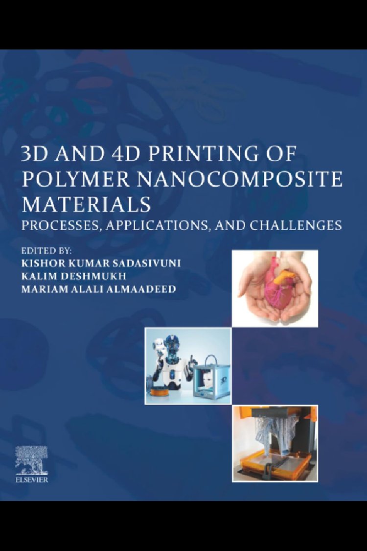 LIVRO-3D-and-4D-Printing-of-Polymer-Nanocomposite Materials Capa do livro 3D and 4D Printing of Polymer Nanocomposite Materials, mostrando um material polimérico com nanoestruturas e um objeto impresso em 4D se transformando.