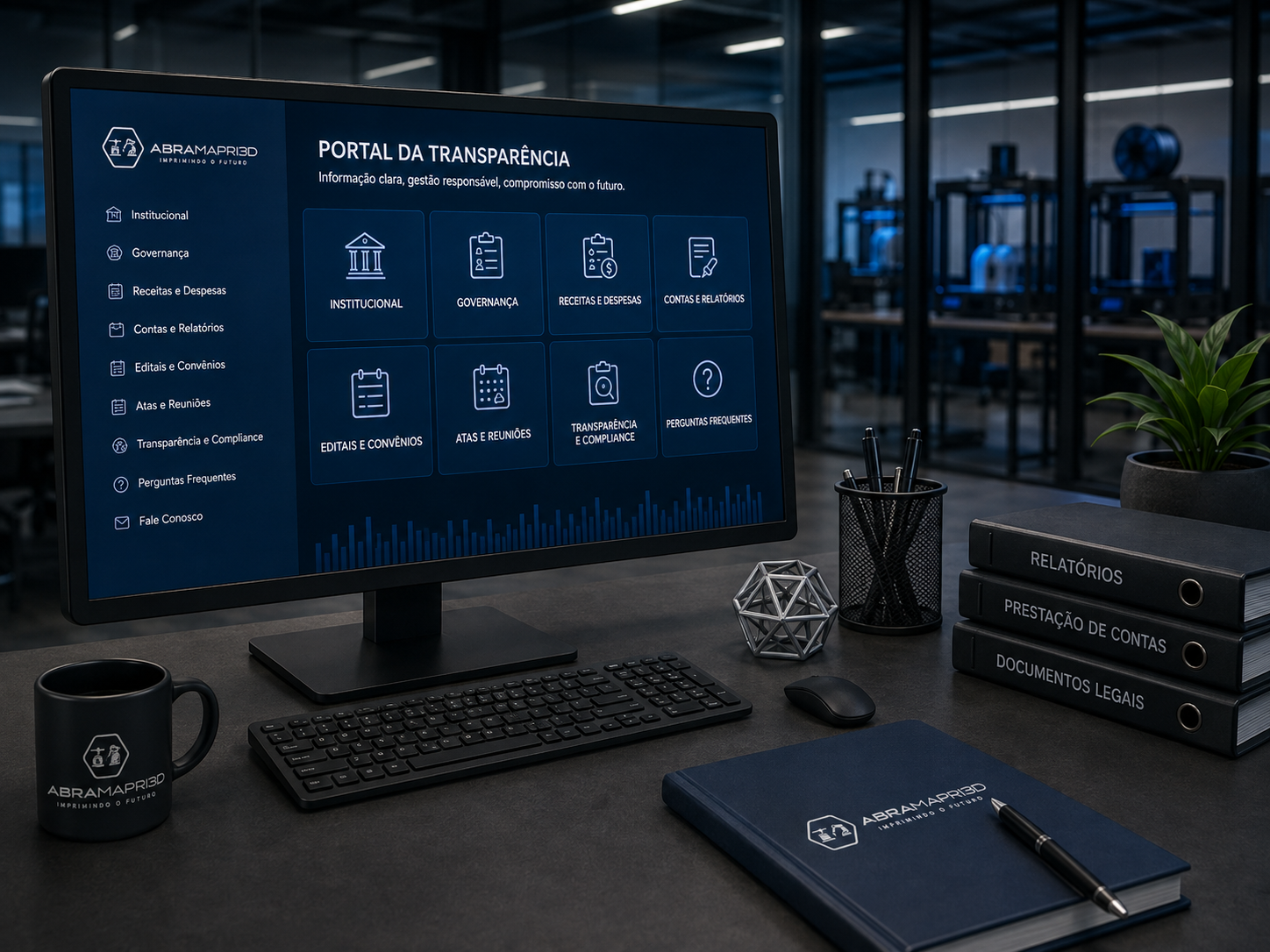 Portal da Transparência da ABRAMAPRI3D exibido em monitor de escritório corporativo, com acesso a informações institucionais, governança, receitas, despesas, relatórios, atas, convênios e compliance.