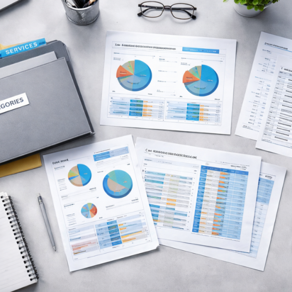 Documentos e relatórios sendo analisados para adequação fiscal e classificação de atividades em impressão 3D.
